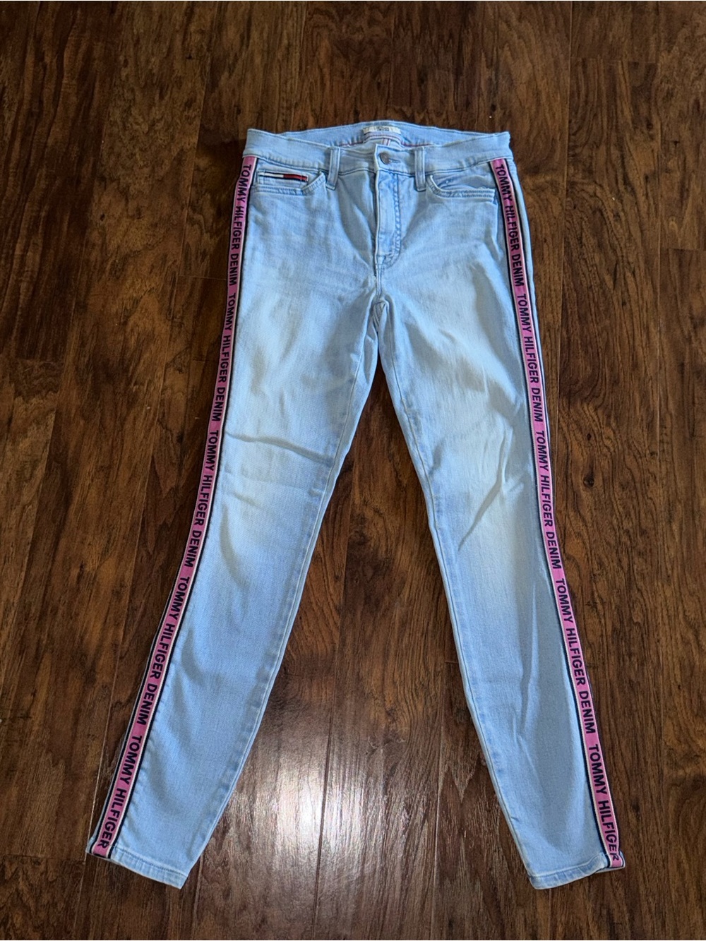 Tommy Hilfiger Light Blue Skinny Jeans with Pink Logo Side Tape